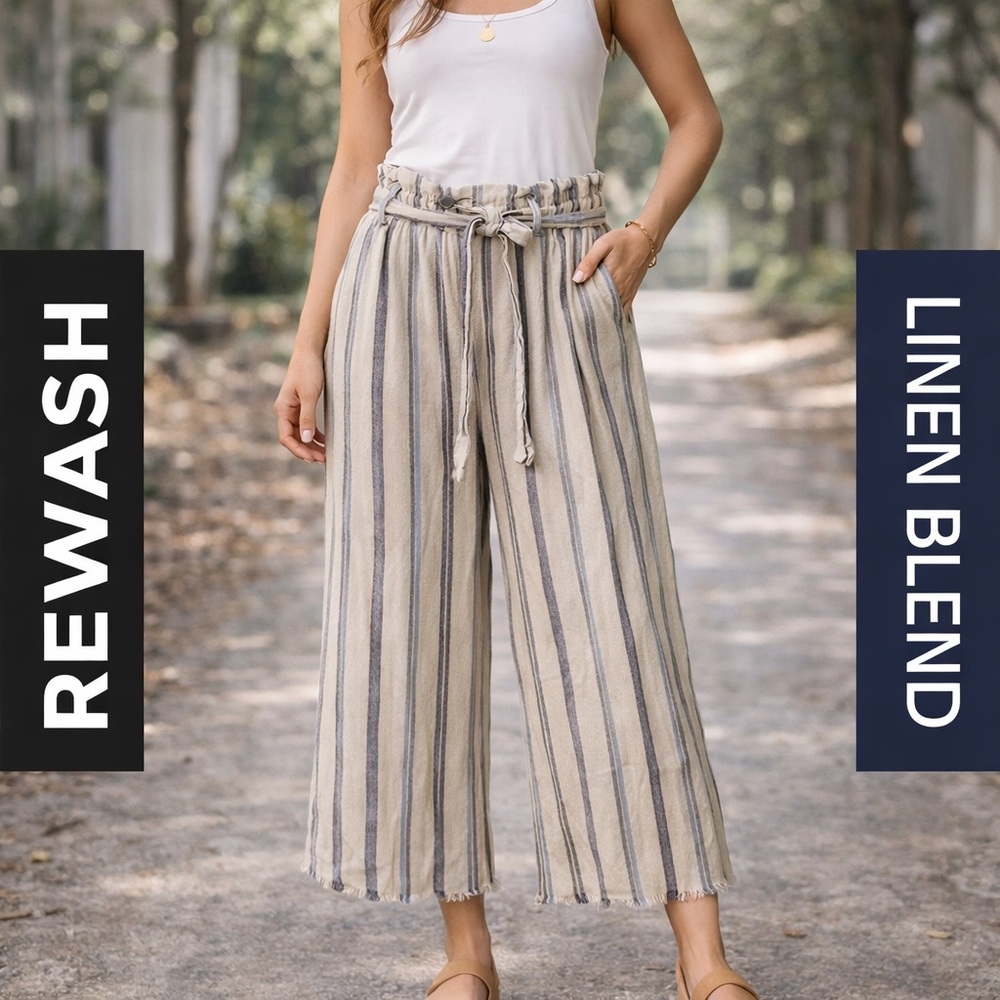Rewash Linen Blend Paperbag Waist Cropped Pants Medium Boho